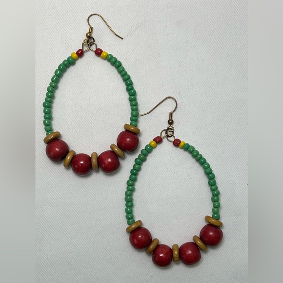 Handmade Wooden Beaded Hoops in Red, Gold, & Green - Picture 3 of 5